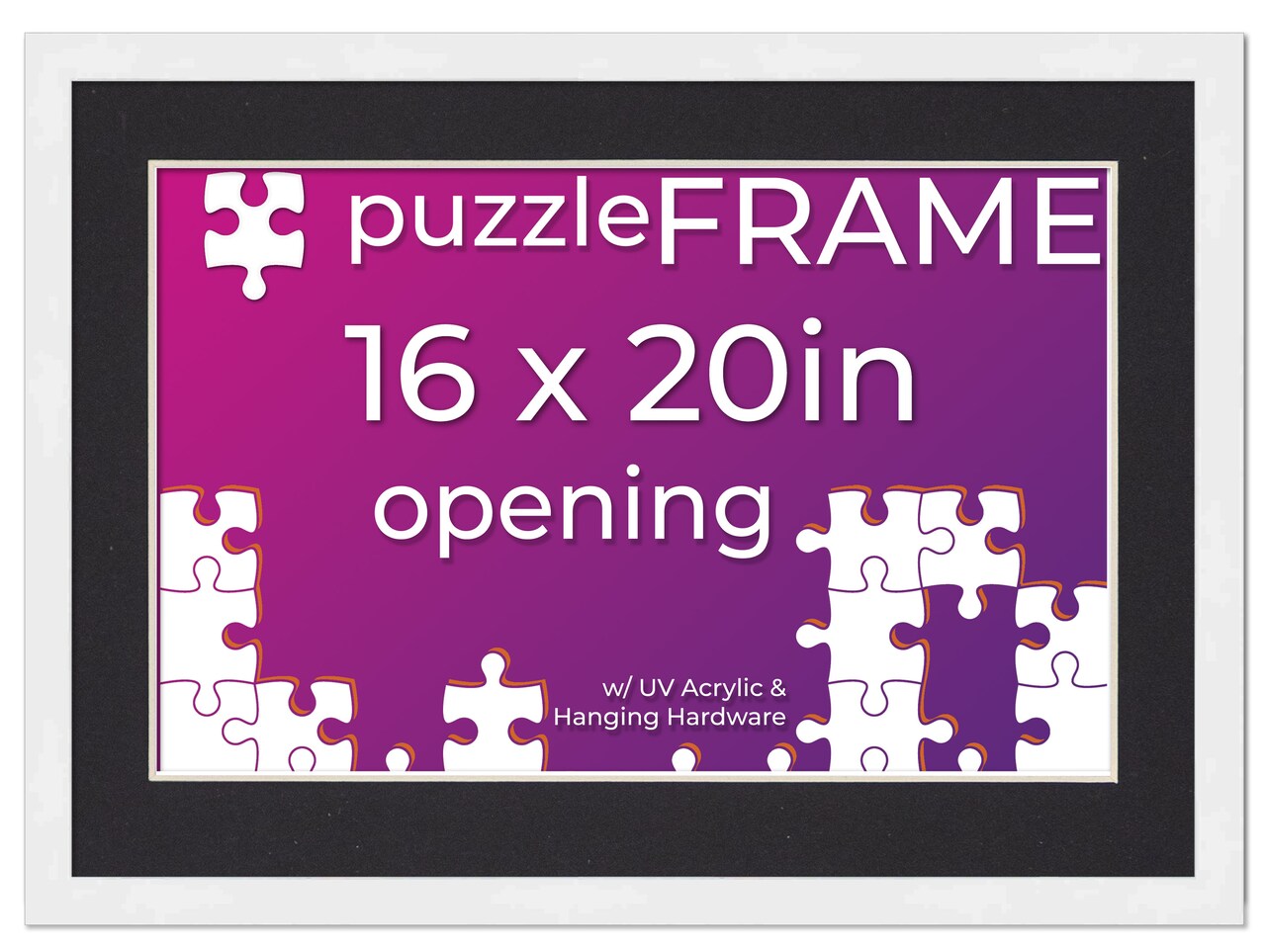 White Wood Puzzle Frame Kit with Glue Sheets, Black Mat, Backing, UV Acrylic - Available in 20 Popular Sizes